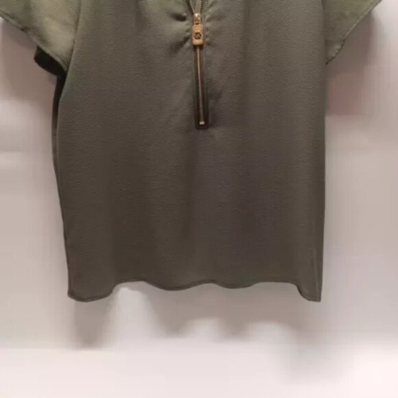 Womens Michael Kors Zip Front Blouse Short Sleeve Olive Green Size Small EUC - Picture 3 of 9